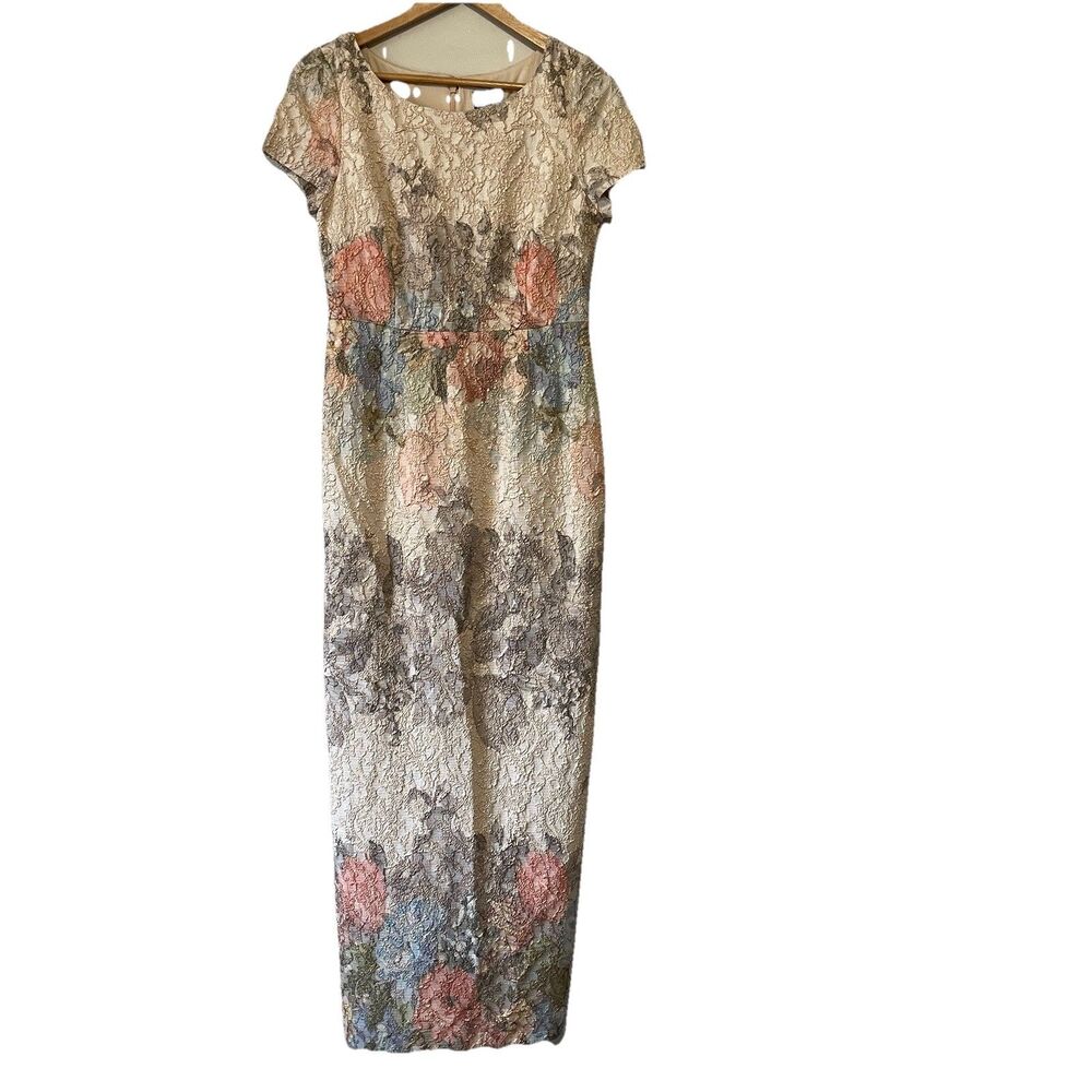 Adrianna Papell Matelasse Blush Floral Column Gown 10 Textured Metallic Wedding